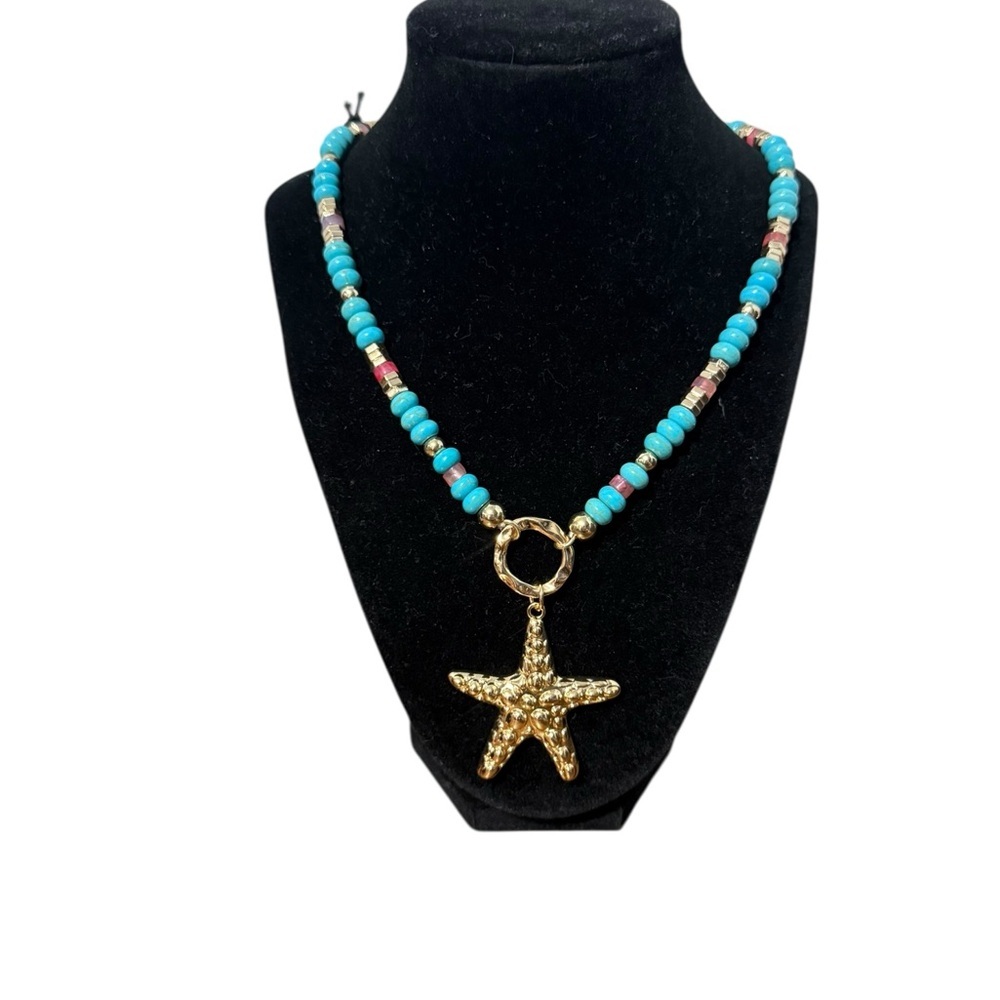 Turquoise Beach-Themed Necklace with Gold Accents - Picture 3 of 11